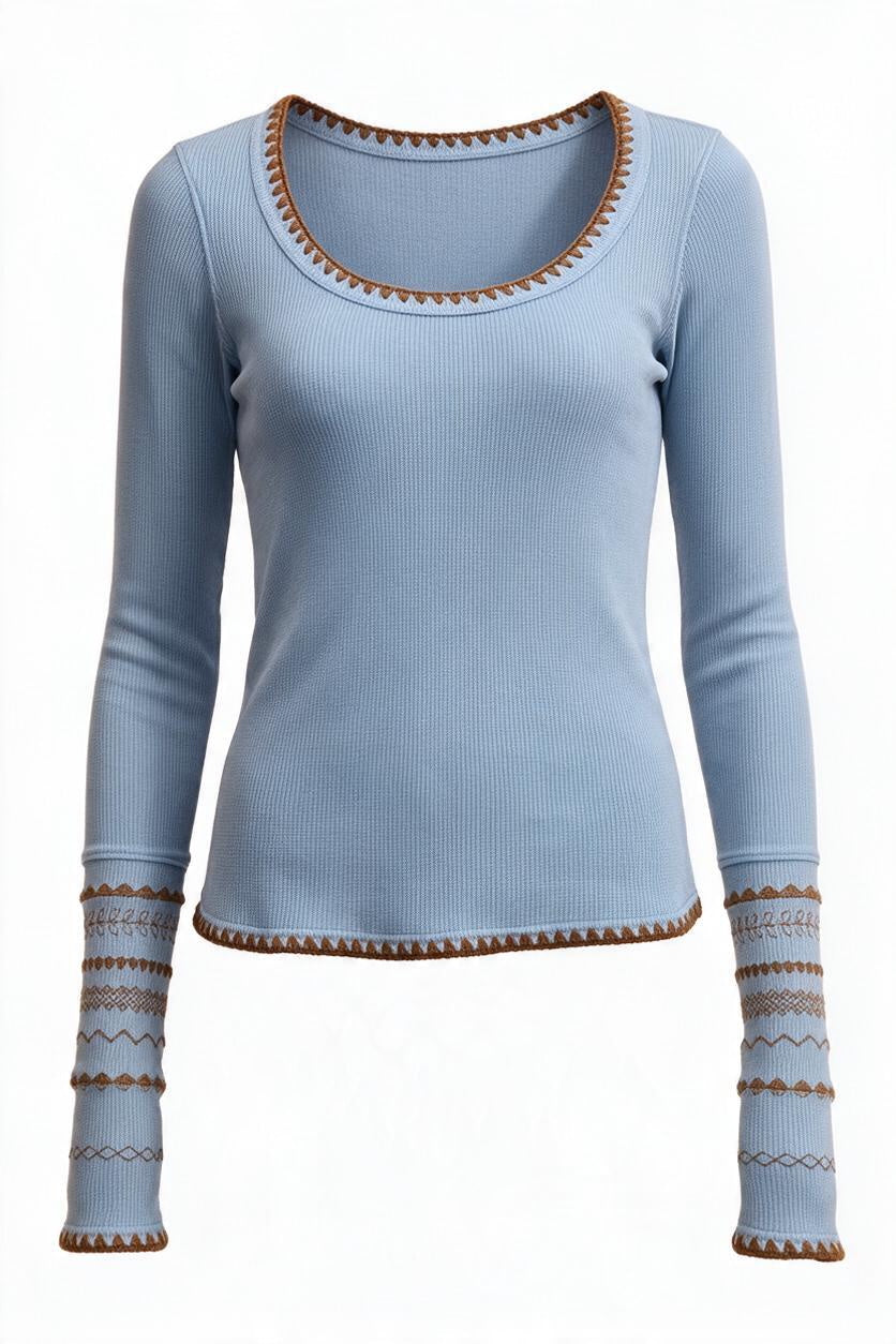 Trestles Clothing Company Aspen Thermal top in light blue waffle knit cotton with brown contrast stitching